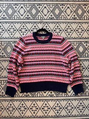 J. Crew Navy and Pink Wool Blend Fair Isle Crewneck Sweater with Hearts